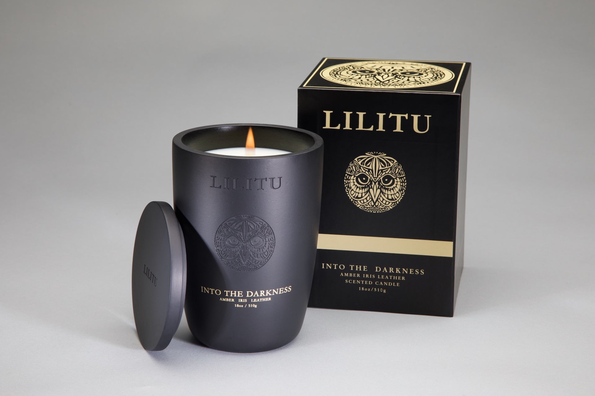 Into the Darkness (black candle)
"Lilitu Into the Darkness luxury black scented candle with gift box"