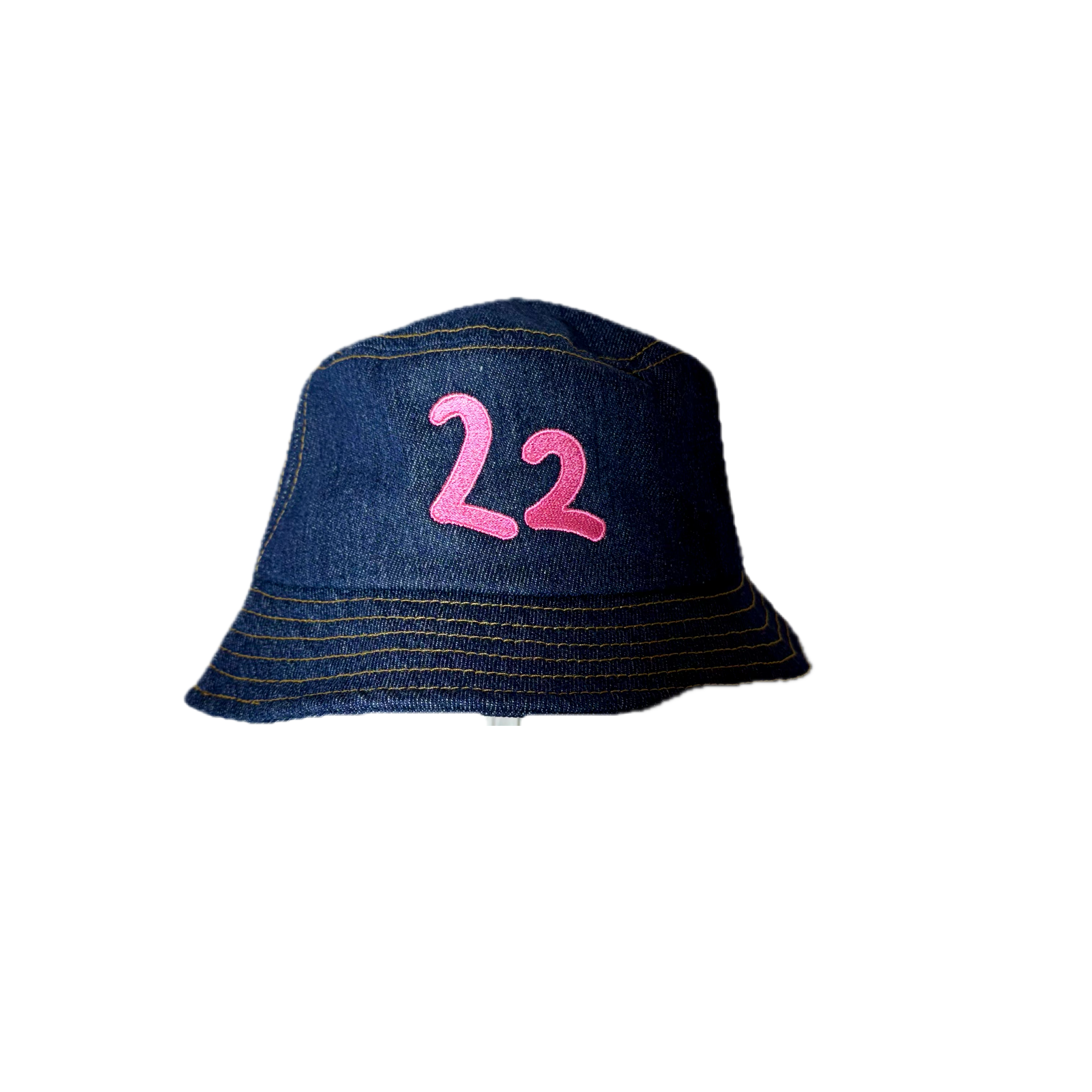 Denim bucket hat with pink 22 embroidery handmade in Miami