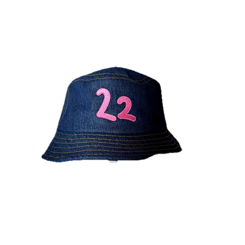 Denim bucket hat with pink 22 embroidery handmade in Miami