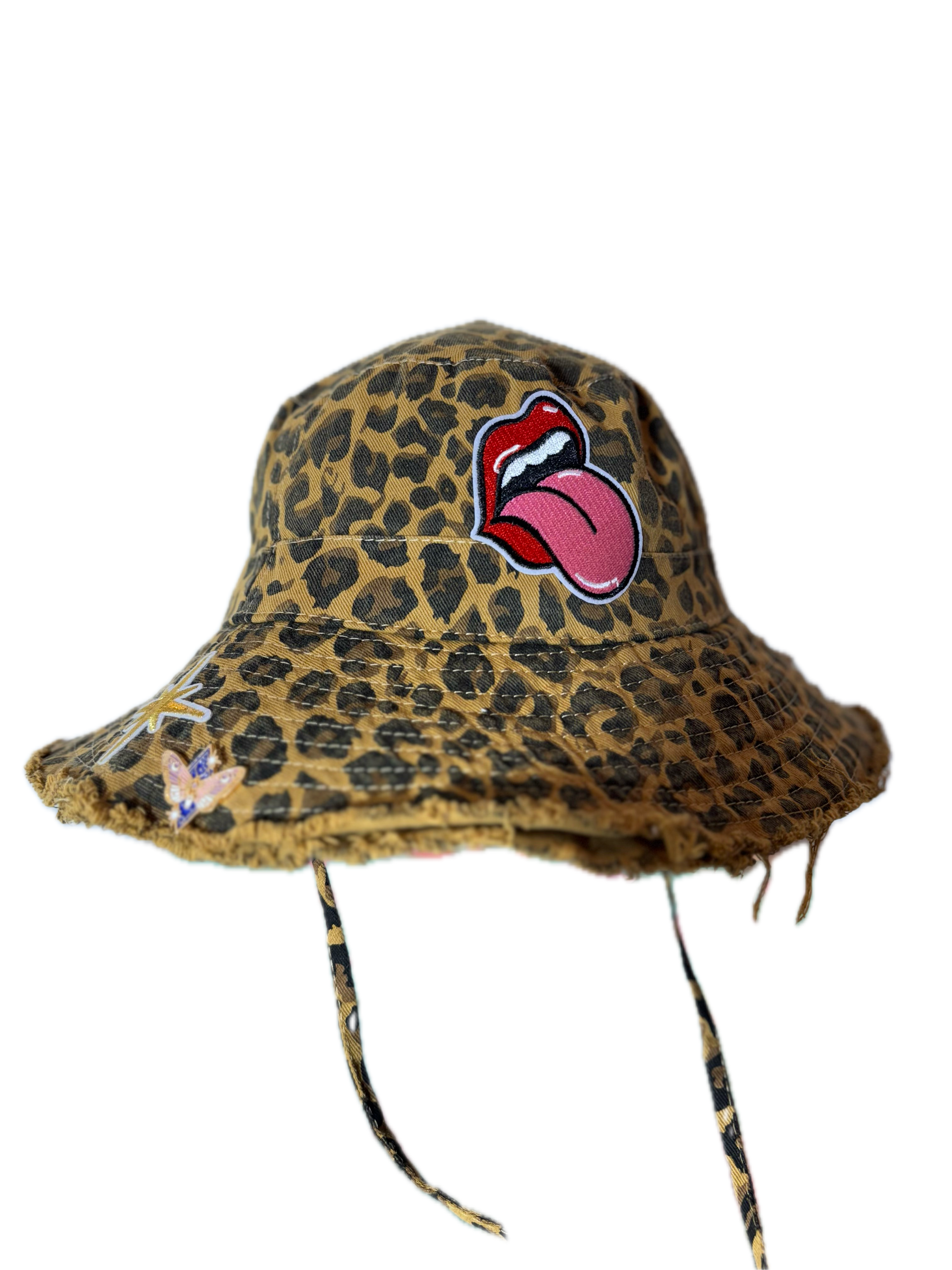 Leopard bucket hat with evil eye patch and yellow butterfly embroidery, handmade custom hat