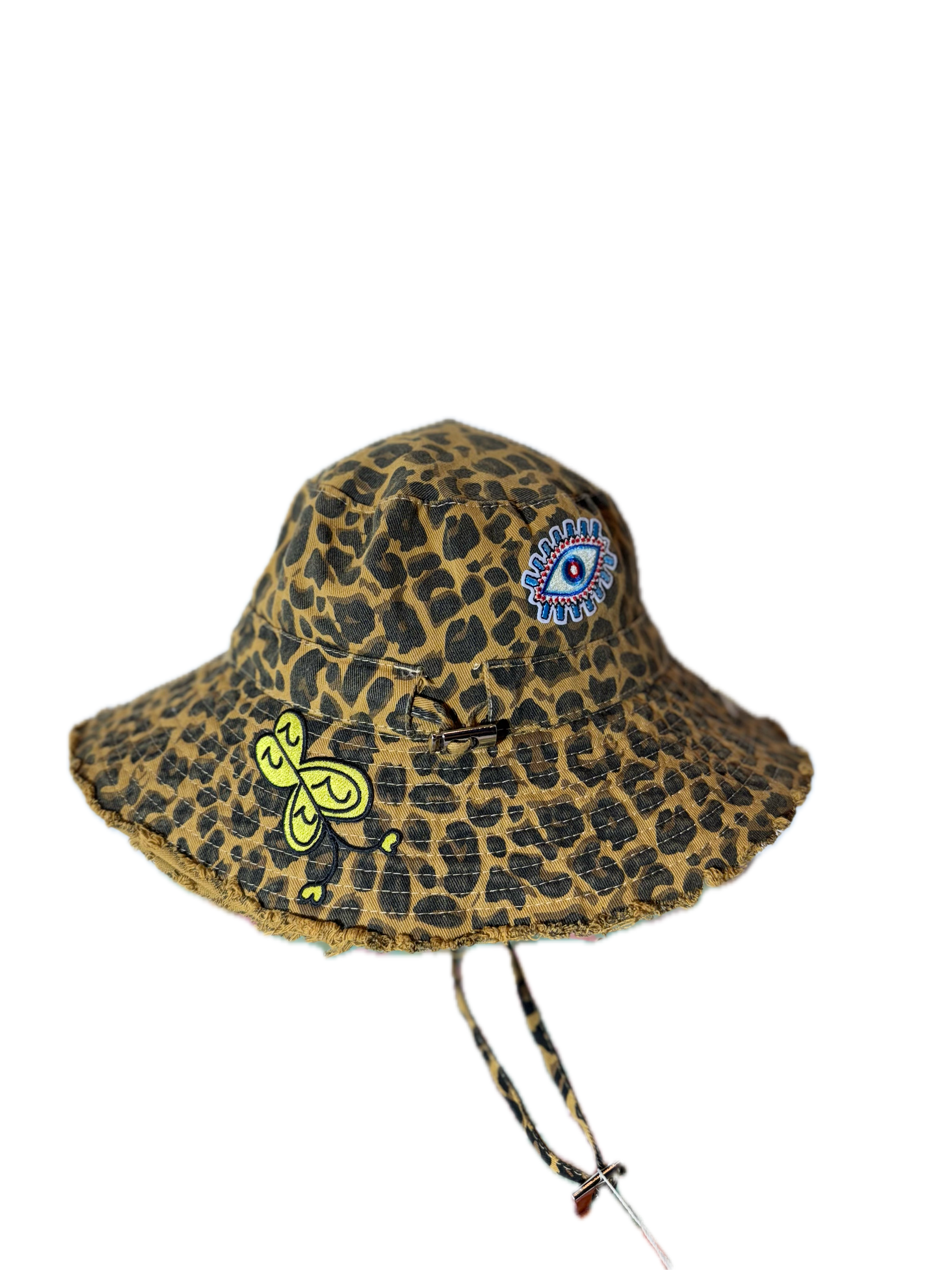 Leopard bucket hat with evil eye patch and yellow butterfly embroidery, handmade custom hat