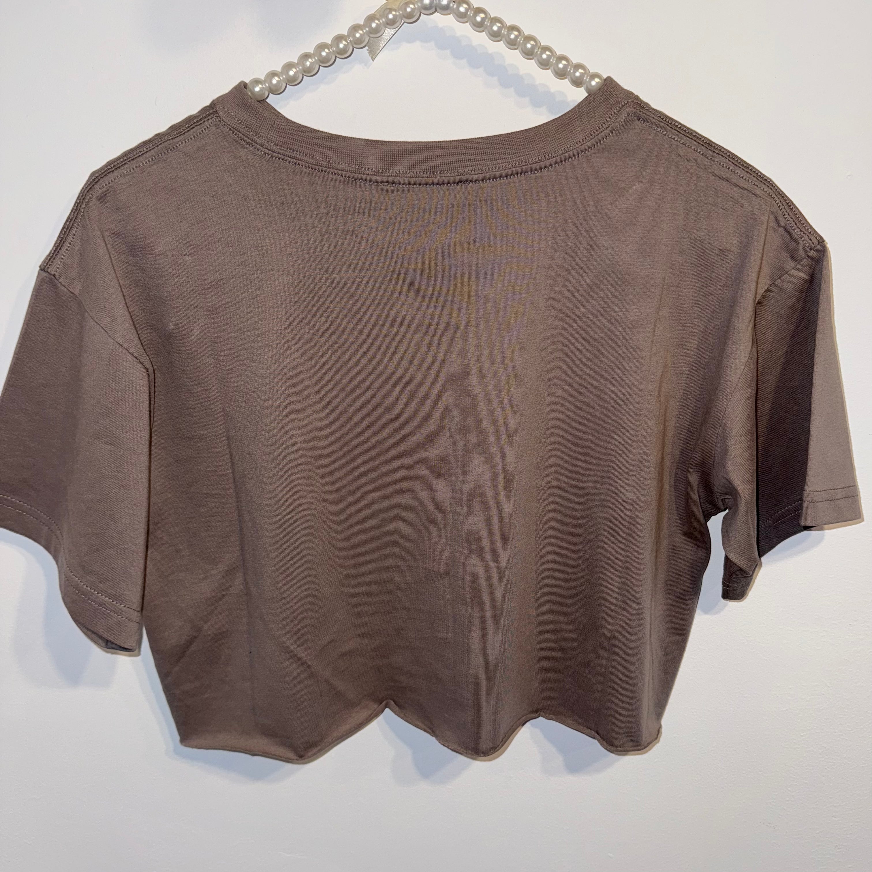 Cropped beige t-shirt with embroidered Eye of Horus on chest, minimalist handmade tee