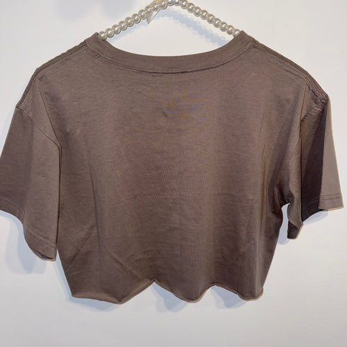 Cropped beige t-shirt with embroidered Eye of Horus on chest, minimalist handmade tee