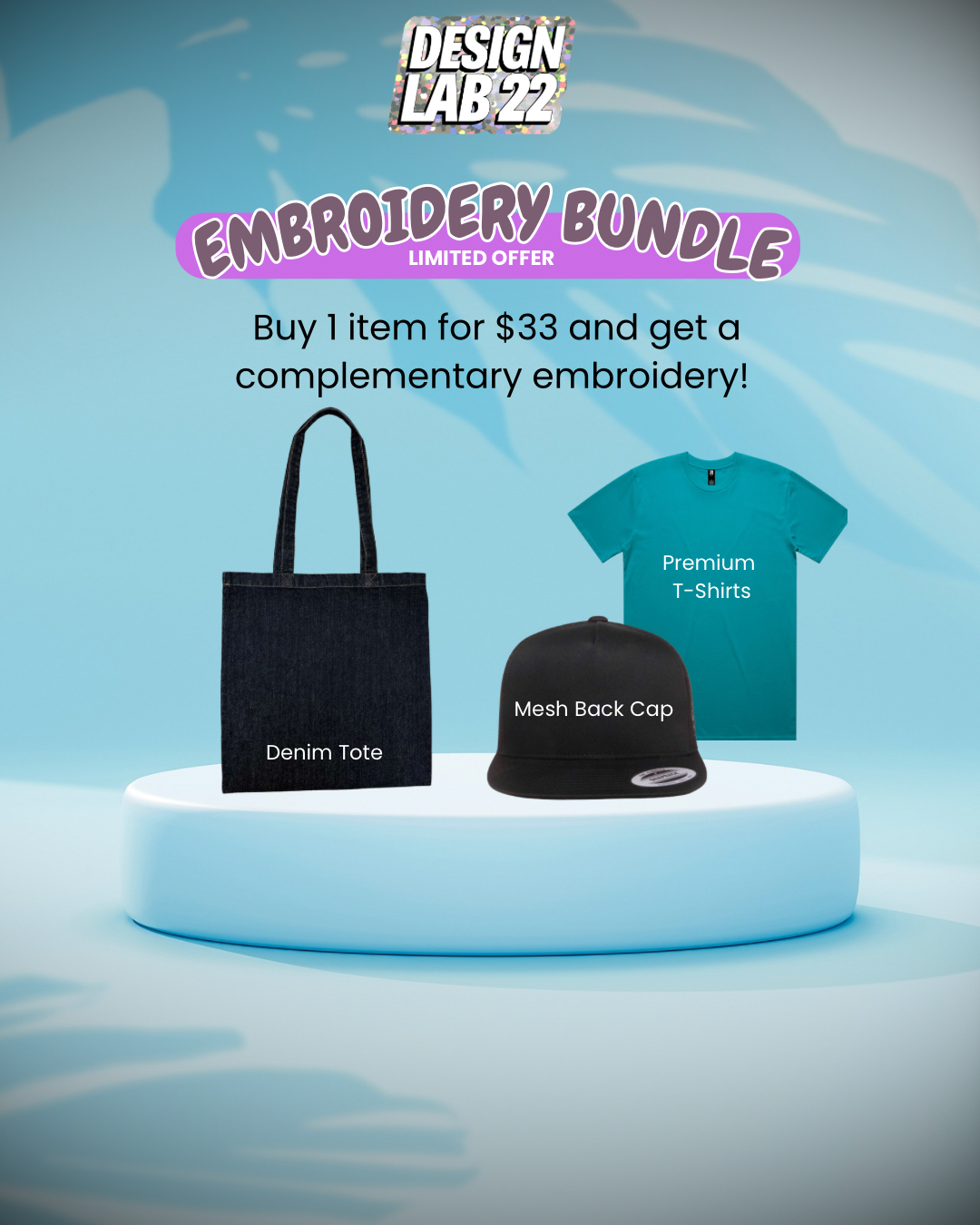 Embroidery Bundle — Free Custom Embroidery ($33)